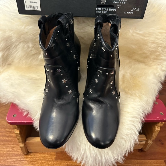 LAURENCE DECADE 37.5 Pete Star Studs black leather heeled bootie boots - Picture 11 of 13